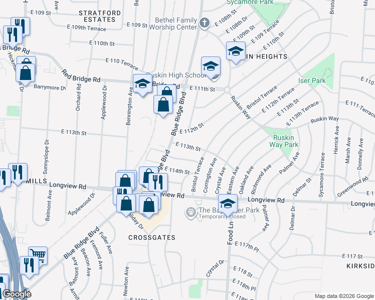 map of restaurants, bars, coffee shops, grocery stores, and more near 6906 East 113th Street in Kansas City