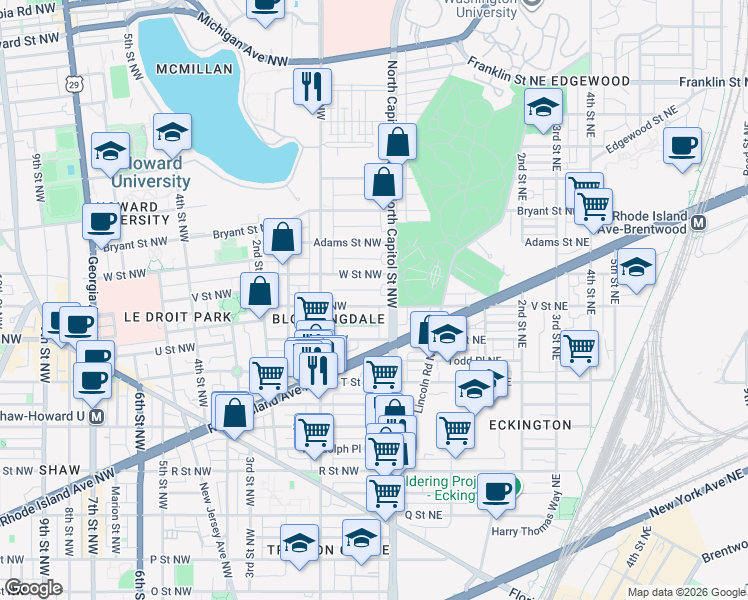 map of restaurants, bars, coffee shops, grocery stores, and more near 17 V Street Northwest in Washington