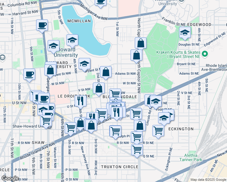 map of restaurants, bars, coffee shops, grocery stores, and more near 115 V Street Northwest in Washington