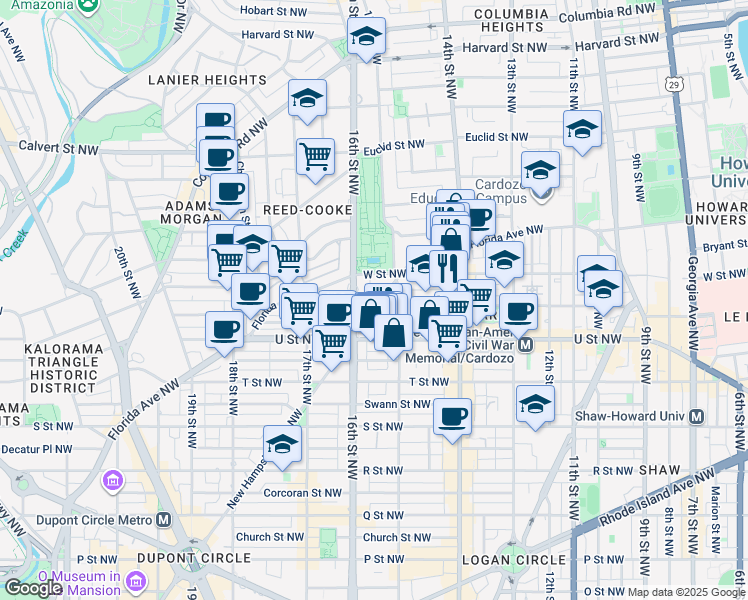 map of restaurants, bars, coffee shops, grocery stores, and more near 2112 New Hampshire Avenue Northwest in Washington