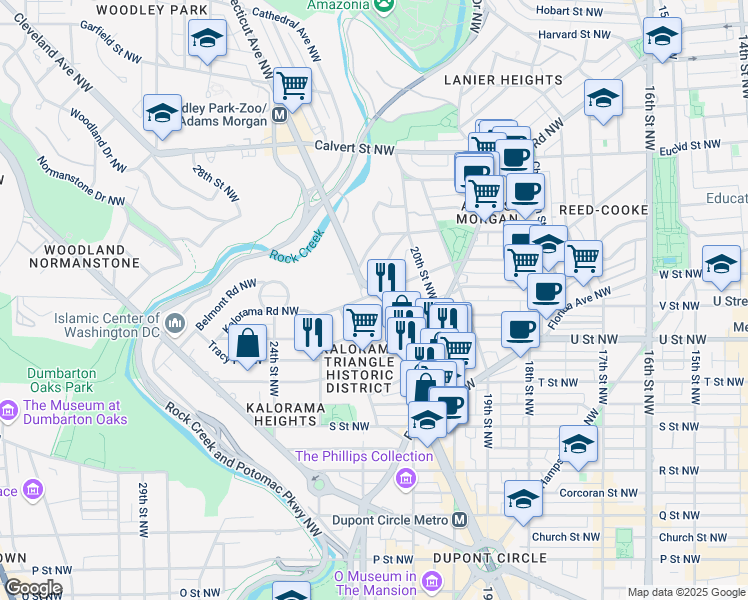 map of restaurants, bars, coffee shops, grocery stores, and more near 2126 Connecticut Avenue Northwest in Washington