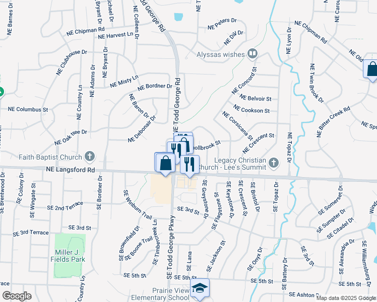 map of restaurants, bars, coffee shops, grocery stores, and more near 522 Northeast Churchill Street in Lee's Summit