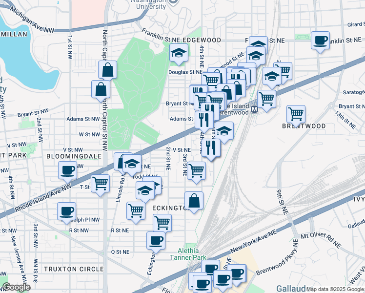 map of restaurants, bars, coffee shops, grocery stores, and more near 232 V Street Northeast in Washington