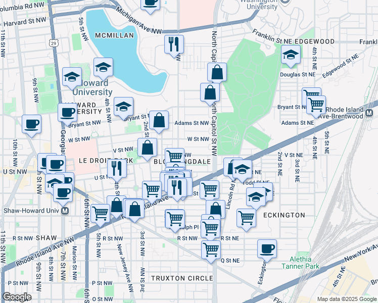 map of restaurants, bars, coffee shops, grocery stores, and more near 71 V Street Northwest in Washington