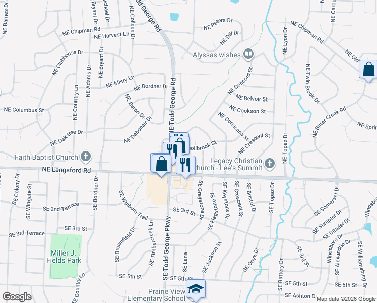 map of restaurants, bars, coffee shops, grocery stores, and more near 522 Northeast Churchill Street in Lee's Summit