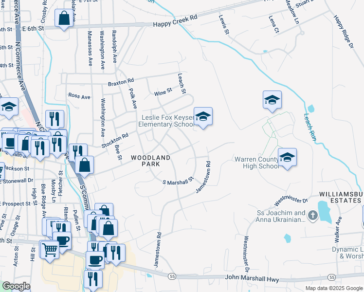 map of restaurants, bars, coffee shops, grocery stores, and more near 11 Morain Street in Front Royal