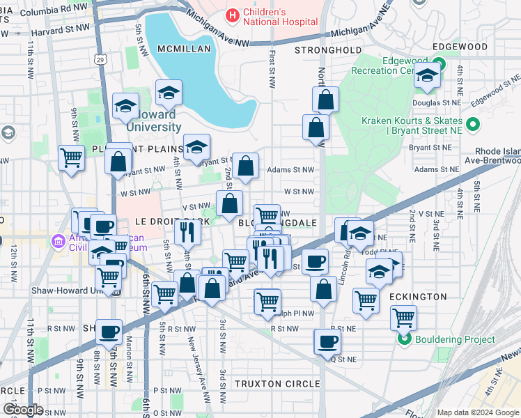 map of restaurants, bars, coffee shops, grocery stores, and more near 121 V Street Northwest in Washington