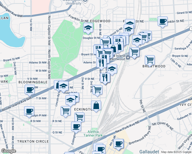 map of restaurants, bars, coffee shops, grocery stores, and more near 314 V Street Northeast in Washington