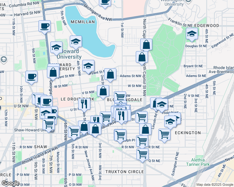 map of restaurants, bars, coffee shops, grocery stores, and more near 121 V Street Northwest in Washington