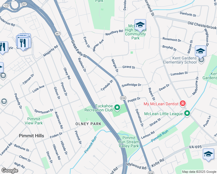 map of restaurants, bars, coffee shops, grocery stores, and more near 1800 Susquehannock Drive in McLean