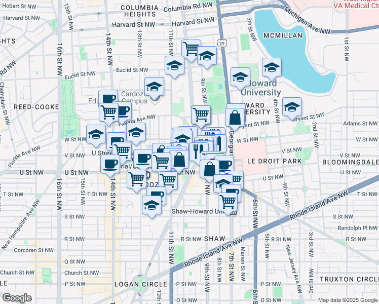map of restaurants, bars, coffee shops, grocery stores, and more near 923 V Street Northwest in Washington