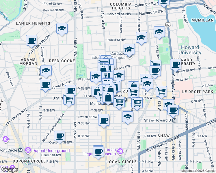 map of restaurants, bars, coffee shops, grocery stores, and more near 2121 14th Street Northwest in Washington
