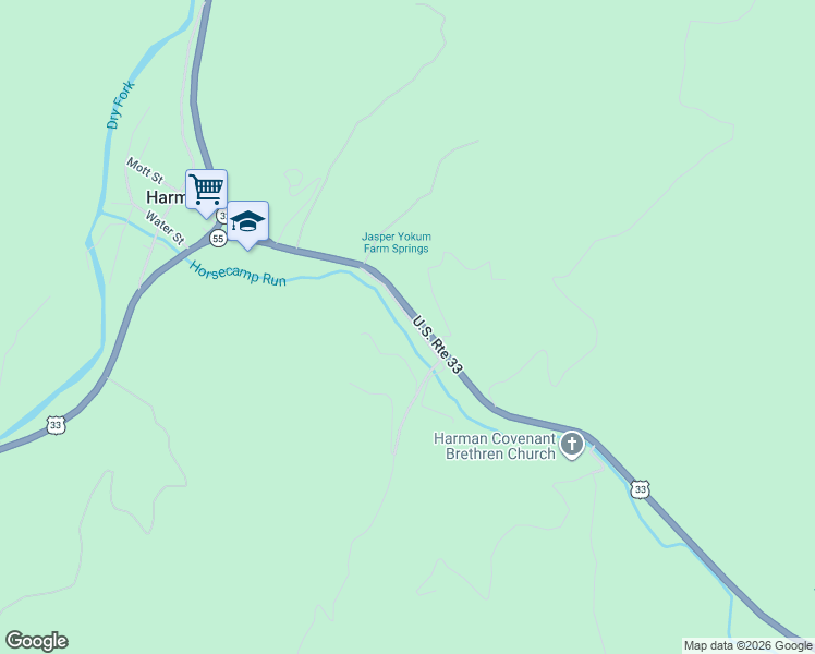 map of restaurants, bars, coffee shops, grocery stores, and more near County Route 33/3 in Harman