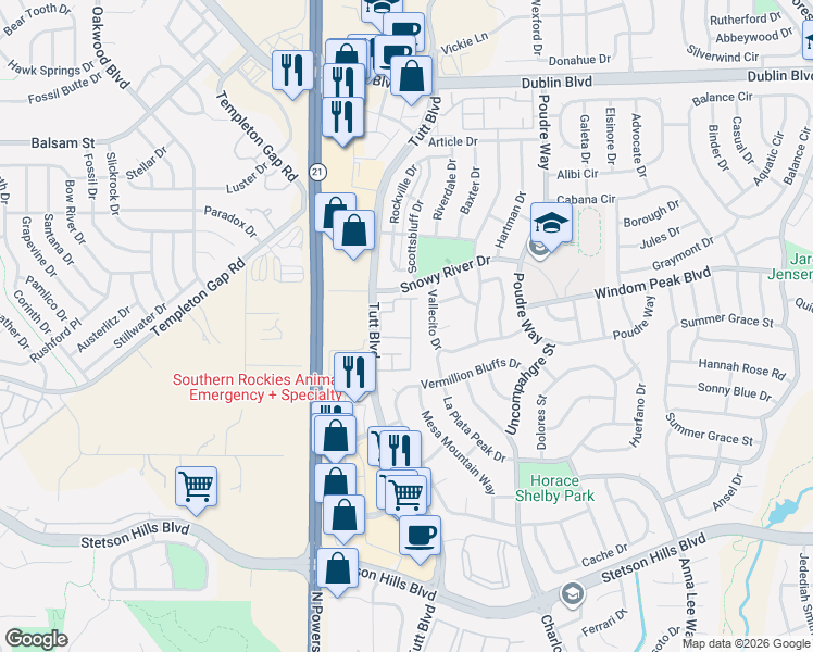 map of restaurants, bars, coffee shops, grocery stores, and more near 5949 Conductors Point in Colorado Springs