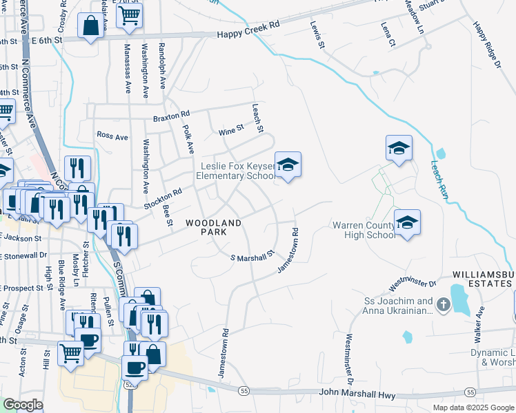 map of restaurants, bars, coffee shops, grocery stores, and more near 11 Morain Street in Front Royal