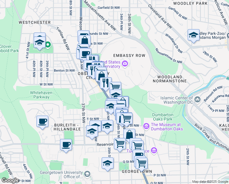 map of restaurants, bars, coffee shops, grocery stores, and more near 2111 Wisconsin Avenue Northwest in Washington