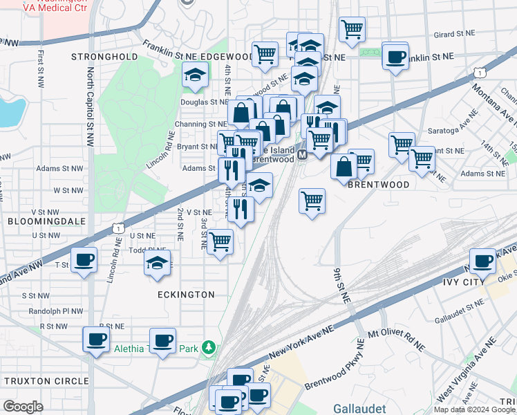 map of restaurants, bars, coffee shops, grocery stores, and more near 514 V Street Northeast in Washington