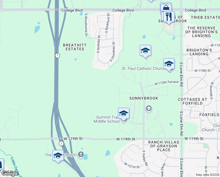 map of restaurants, bars, coffee shops, grocery stores, and more near 11522 South Montclaire Drive in Olathe
