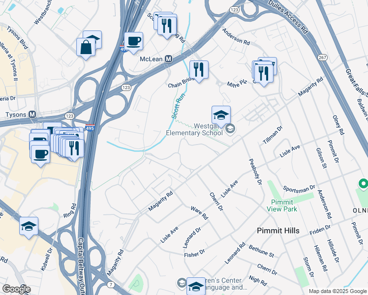map of restaurants, bars, coffee shops, grocery stores, and more near 7721 Tremayne Place in McLean