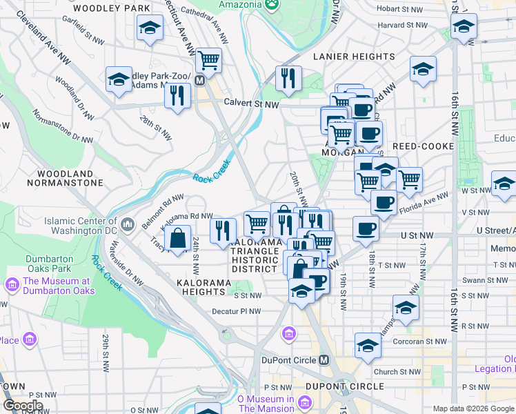 map of restaurants, bars, coffee shops, grocery stores, and more near Connecticut Avenue Northwest & Kalorama Road Northwest in Washington