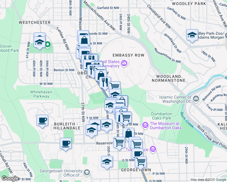 map of restaurants, bars, coffee shops, grocery stores, and more near 2111 Wisconsin Avenue Northwest in Washington