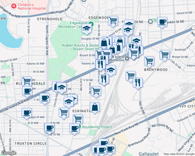 map of restaurants, bars, coffee shops, grocery stores, and more near 2108 4th Street Northeast in Washington