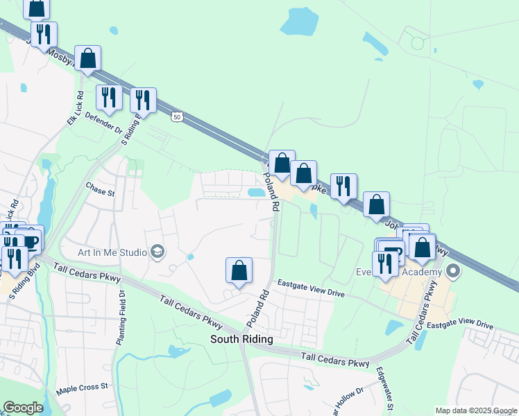 map of restaurants, bars, coffee shops, grocery stores, and more near 43518 Stonecliff Terrace in Chantilly