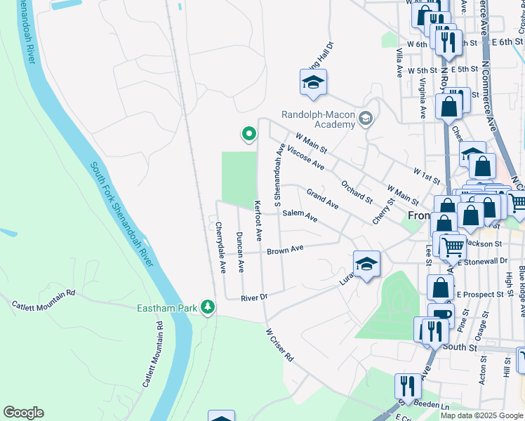 map of restaurants, bars, coffee shops, grocery stores, and more near 166 Kerfoot Avenue in Front Royal