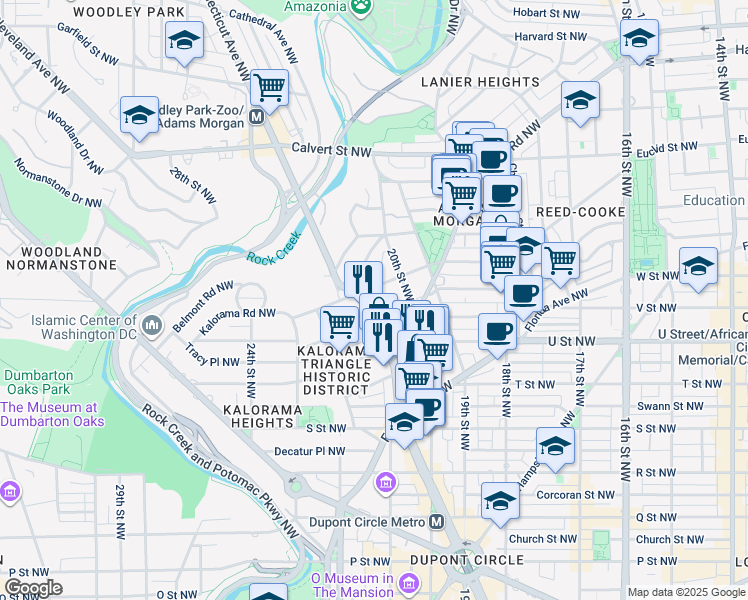 map of restaurants, bars, coffee shops, grocery stores, and more near 2101 Kalorama Road Northwest in Washington