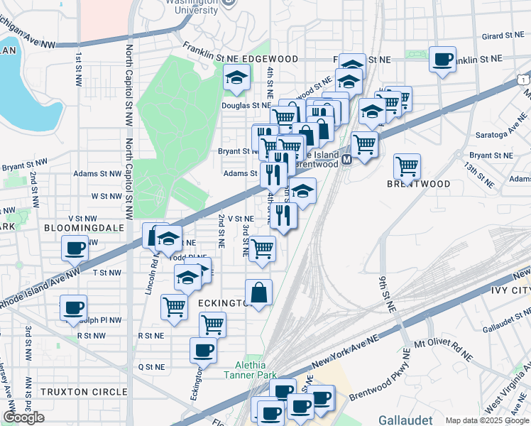 map of restaurants, bars, coffee shops, grocery stores, and more near 2108 4th Street Northeast in Washington