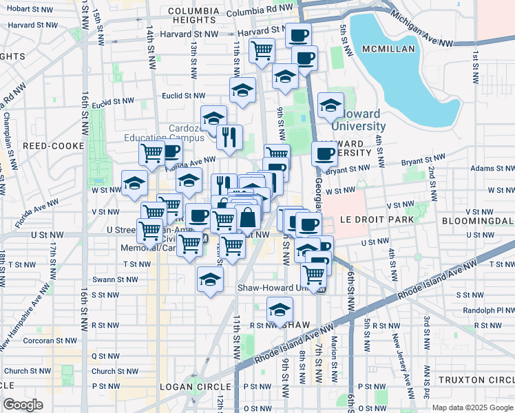 map of restaurants, bars, coffee shops, grocery stores, and more near 2105 10th Street Northwest in Washington