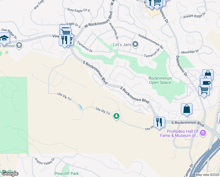 map of restaurants, bars, coffee shops, grocery stores, and more near 5965 Nora Point in Colorado Springs