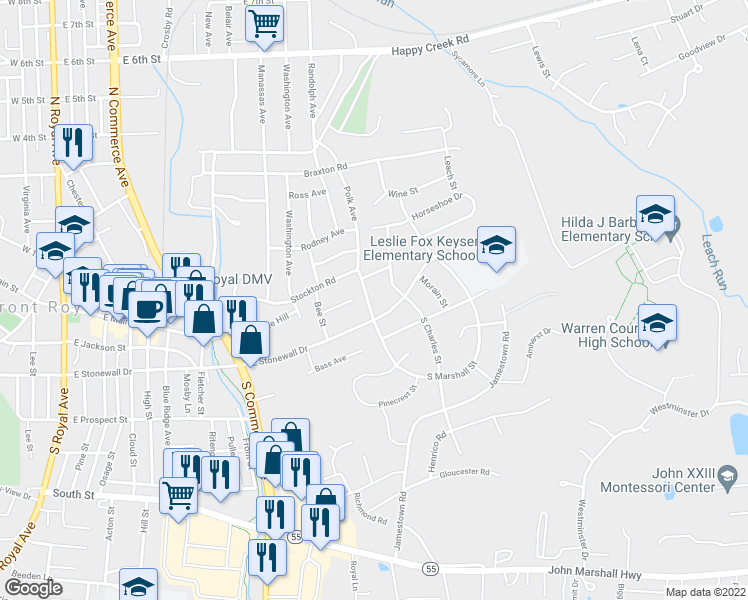 map of restaurants, bars, coffee shops, grocery stores, and more near 15 North Marshall Street in Front Royal