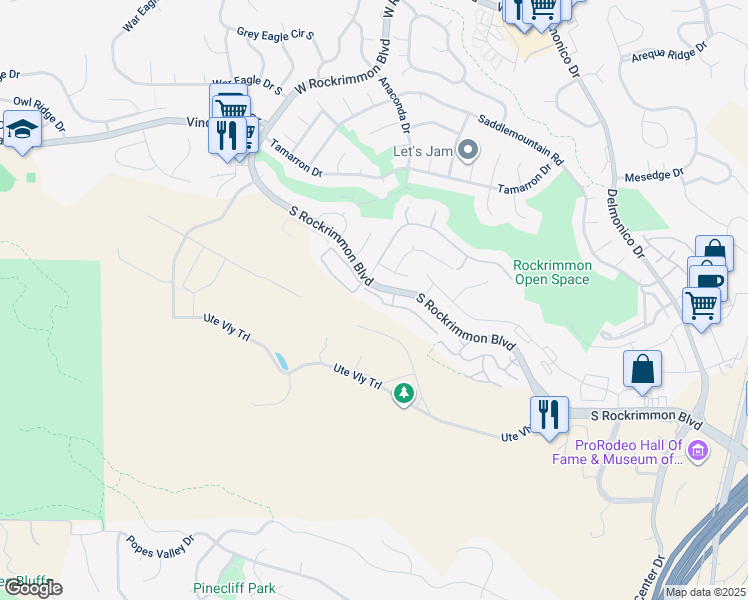 map of restaurants, bars, coffee shops, grocery stores, and more near 6015 Fence Post Drive in Colorado Springs