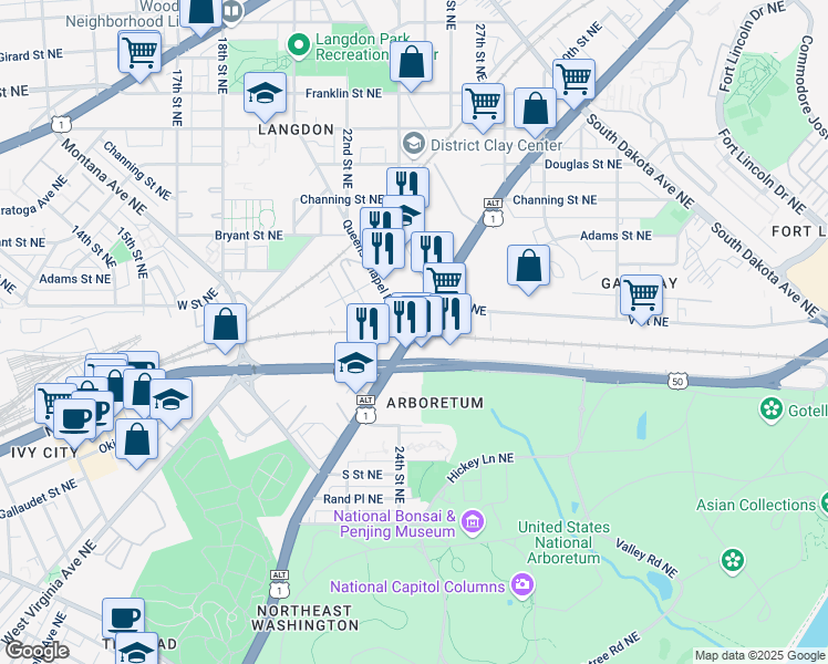 map of restaurants, bars, coffee shops, grocery stores, and more near 101 Independence Avenue Southeast in Washington