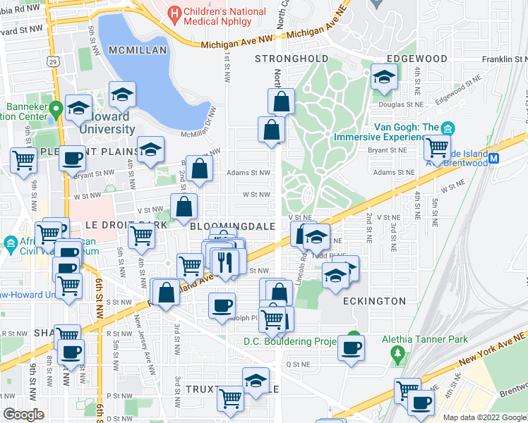 map of restaurants, bars, coffee shops, grocery stores, and more near 101 Independence Avenue Southeast in Washington