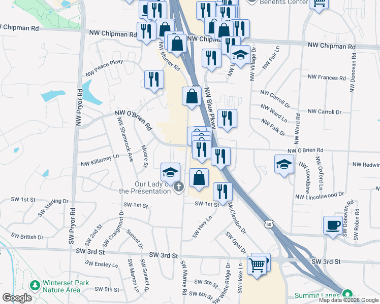 map of restaurants, bars, coffee shops, grocery stores, and more near 400 Northwest Murray Road in Lee's Summit