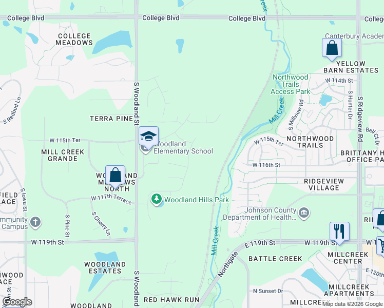 map of restaurants, bars, coffee shops, grocery stores, and more near 11415 South Woodland Street in Olathe