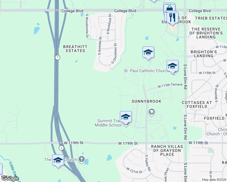 map of restaurants, bars, coffee shops, grocery stores, and more near 11522 South Montclaire Drive in Olathe
