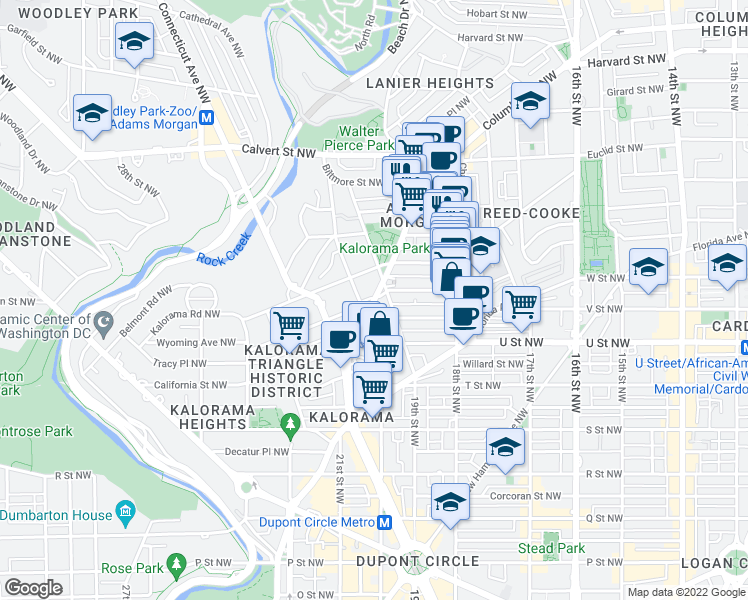 map of restaurants, bars, coffee shops, grocery stores, and more near Columbia Rd NW & Wyoming Ave NW in Washington