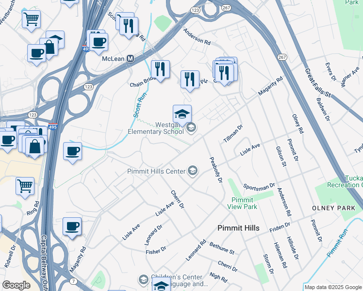 map of restaurants, bars, coffee shops, grocery stores, and more near 7600 Tremayne Place in McLean