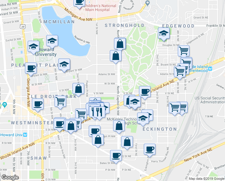 map of restaurants, bars, coffee shops, grocery stores, and more near 19 V Street Northwest in Washington