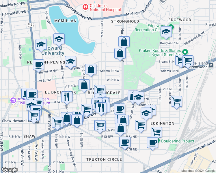 map of restaurants, bars, coffee shops, grocery stores, and more near 71 V Street Northwest in Washington