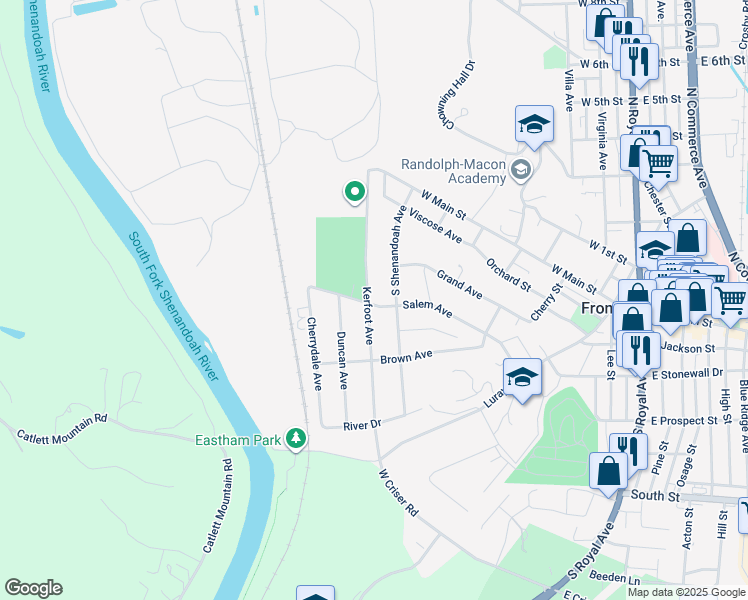 map of restaurants, bars, coffee shops, grocery stores, and more near 166 Kerfoot Avenue in Front Royal