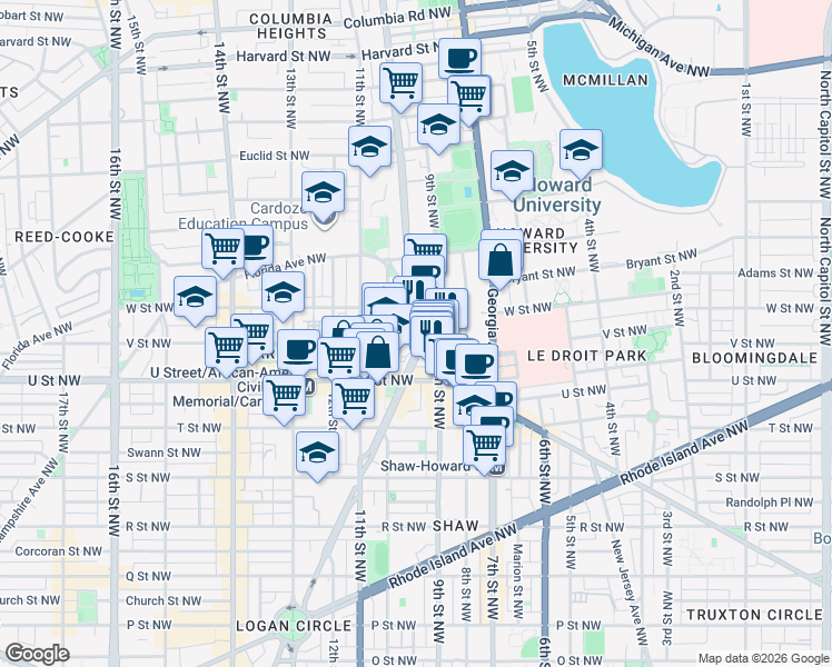 map of restaurants, bars, coffee shops, grocery stores, and more near 2106 Vermont Avenue Northwest in Washington