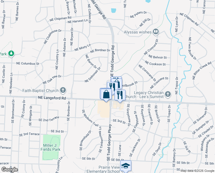 map of restaurants, bars, coffee shops, grocery stores, and more near 313 Northeast Timbercreek Drive in Lee's Summit