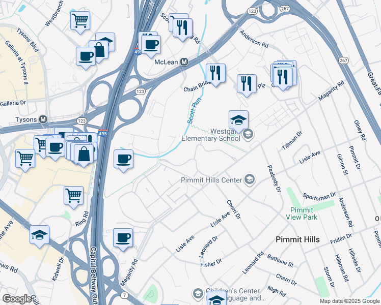 map of restaurants, bars, coffee shops, grocery stores, and more near 7720 Tremayne Place in McLean
