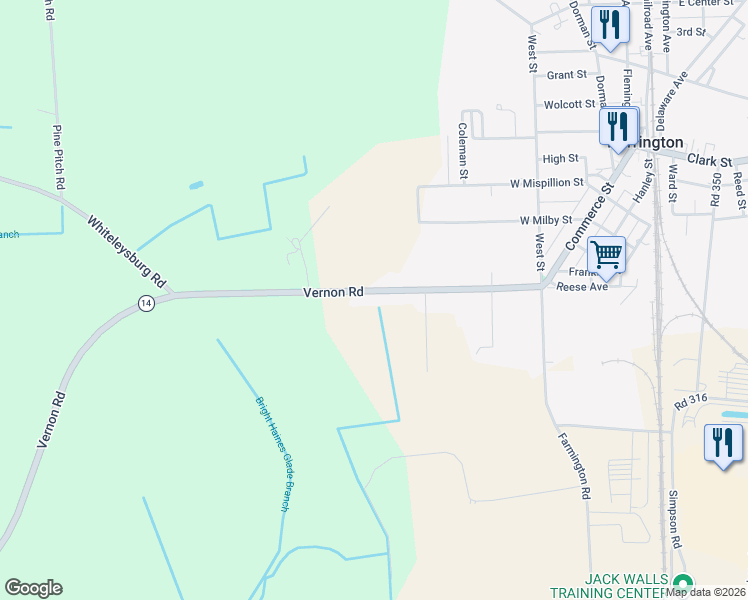 map of restaurants, bars, coffee shops, grocery stores, and more near 8492 Vernon Road in Harrington