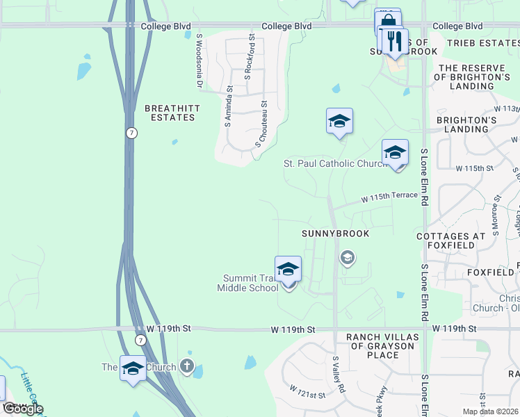 map of restaurants, bars, coffee shops, grocery stores, and more near 11522 South Montclaire Drive in Olathe