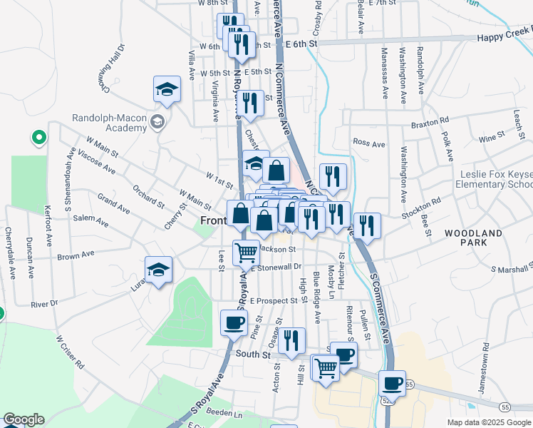 map of restaurants, bars, coffee shops, grocery stores, and more near 10 Kidd Lane in Front Royal